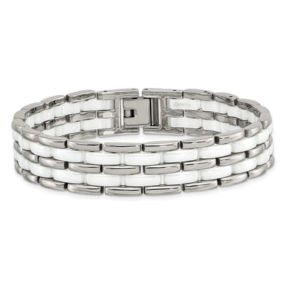 Stainless Steel Chisel Polished With Double Row White Ceramic 8.25 Inch Link Bracelet