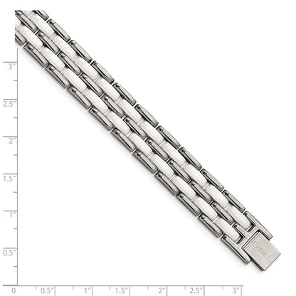 Stainless Steel Chisel Polished With Double Row White Ceramic 8.25 Inch Link Bracelet