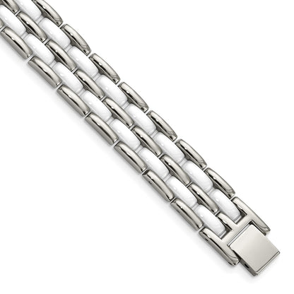 Stainless Steel Chisel Polished With Double Row White Ceramic 8.25 Inch Link Bracelet