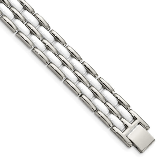 Stainless Steel Chisel Polished With Double Row White Ceramic 8.25 Inch Link Bracelet