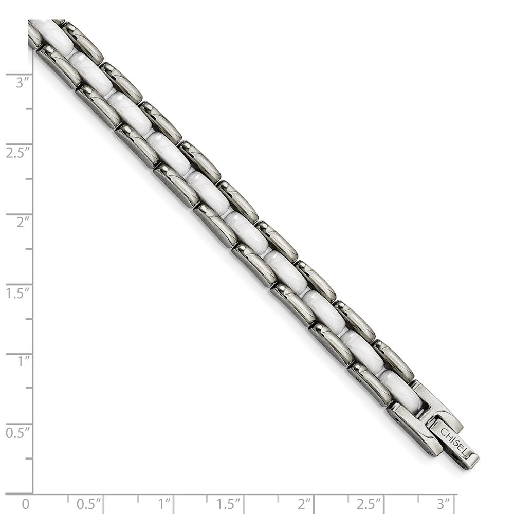 Stainless Steel Chisel Polished With White Ceramic 8 Inch Link Bracelet