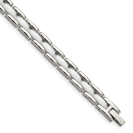 Stainless Steel Chisel Polished With White Ceramic 8 Inch Link Bracelet