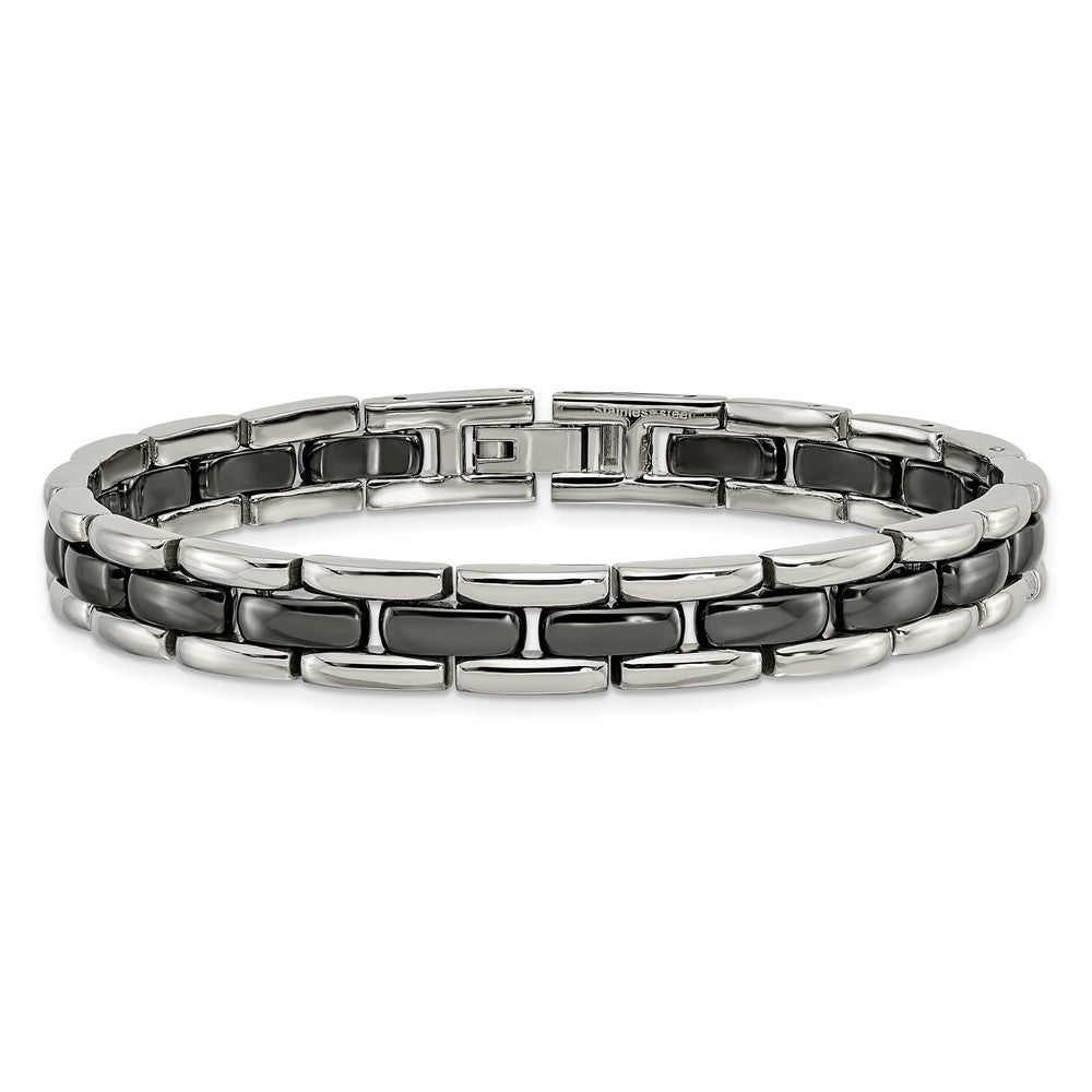 Stainless Steel Chisel Polished With Black Ceramic 8 Inch Link Bracelet