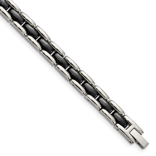 Stainless Steel Chisel Polished With Black Ceramic 8 Inch Link Bracelet