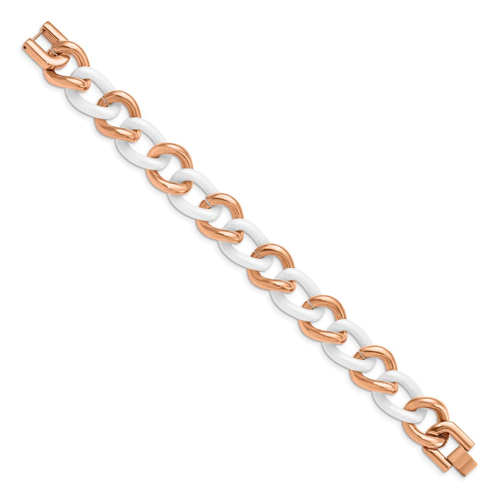 7.5 Inch Chisel Stainless Steel Polished Rose Ip-Plated With White Ceramic 8.25 Open Link Bracelet