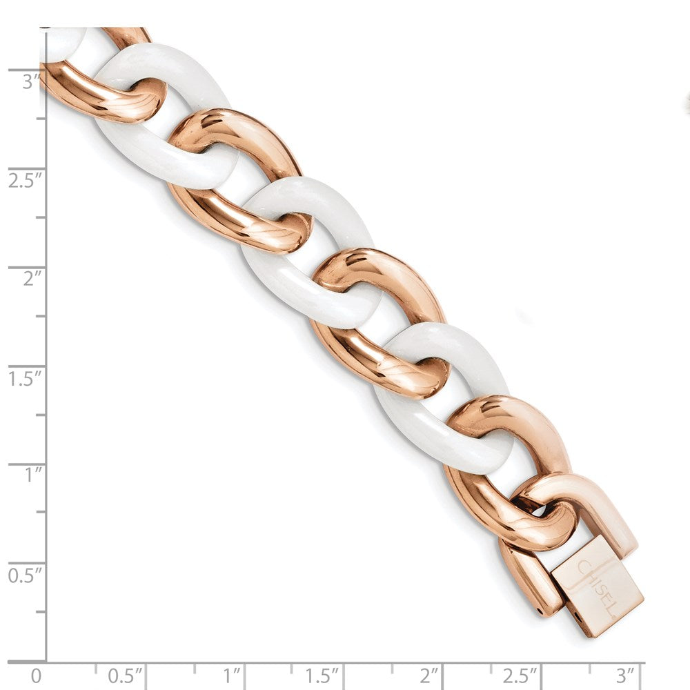 7.5 Inch Chisel Stainless Steel Polished Rose Ip-Plated With White Ceramic 8.25 Open Link Bracelet
