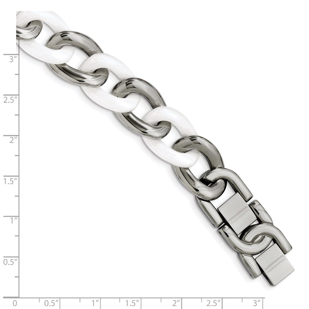 Stainless Steel Chisel Polished With White Ceramic 7.5 Inch Curb Link Bracelet 1 Extension