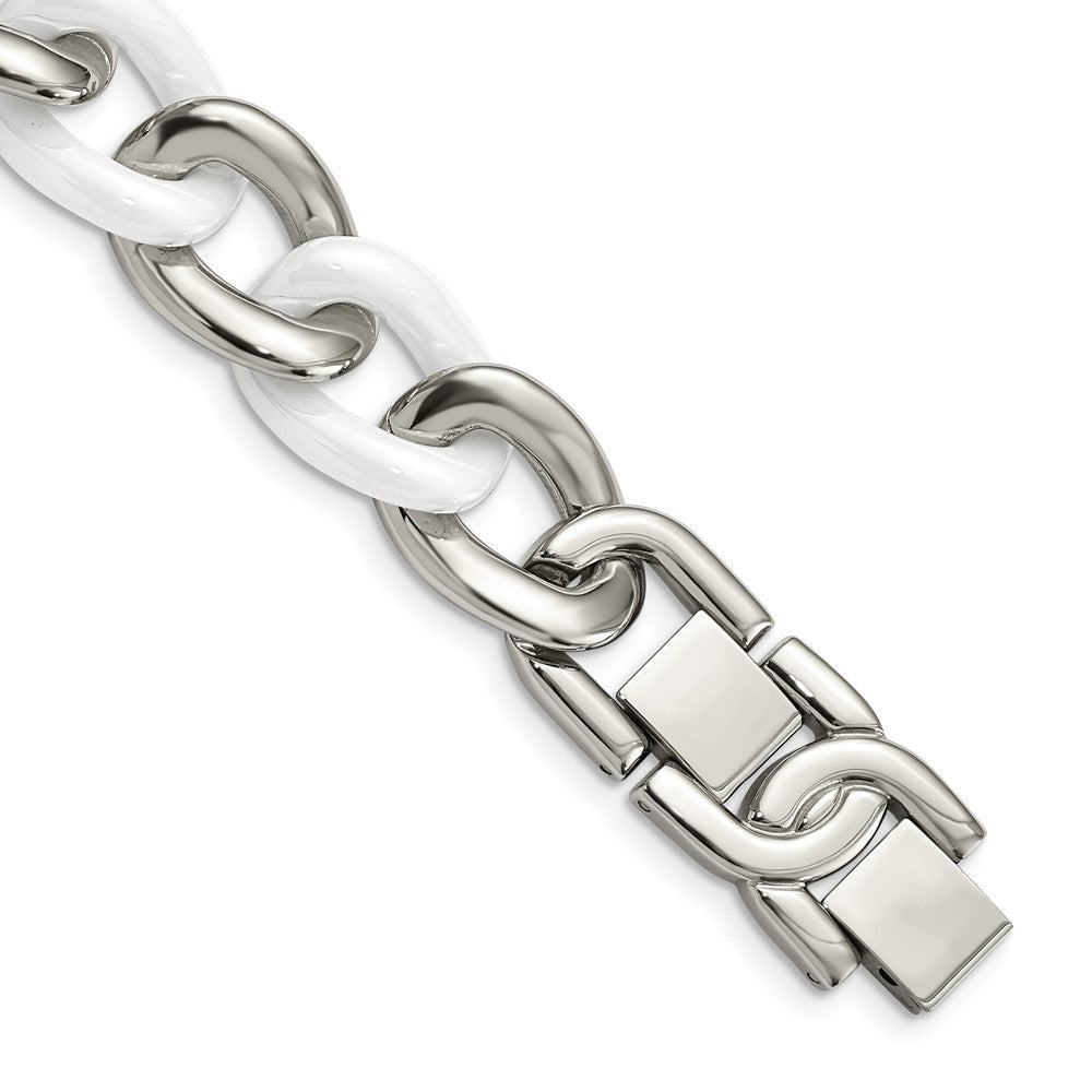 Stainless Steel Chisel Polished With White Ceramic 7.5 Inch Curb Link Bracelet 1 Extension