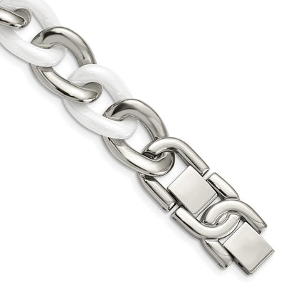 Stainless Steel Chisel Polished With White Ceramic 7.5 Inch Curb Link Bracelet 1 Extension