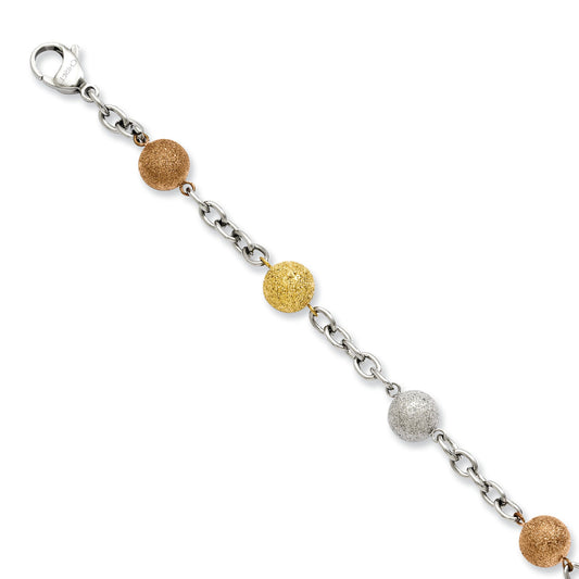 8 Inch Stainless Steel Tri-Color Ip-Plated Laser Cut 8In Bracelet