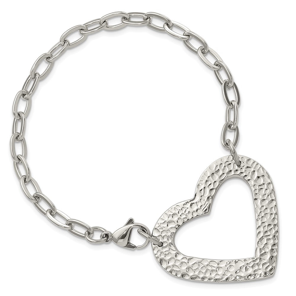 8 Inch Stainless Steel Polished & Textured Heart Bracelet
