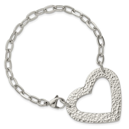 8 Inch Stainless Steel Polished & Textured Heart Bracelet