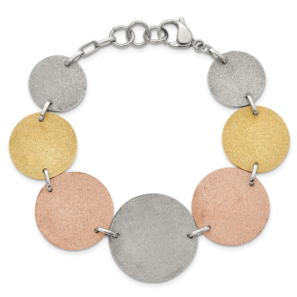 8 Inch Stainless Steel Tri-Color Ip-Plated Lasercut Discs Bracelet