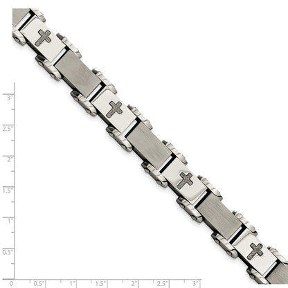 Stainless Steel Chisel Brushed Polished And Laser Cut Crosses 8.75 Inch Link Bracelet