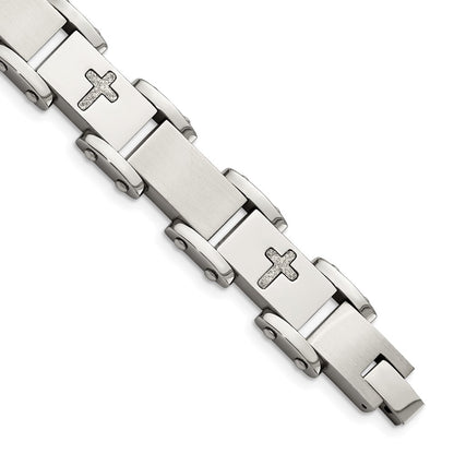 Stainless Steel Chisel Brushed Polished And Laser Cut Crosses 8.75 Inch Link Bracelet