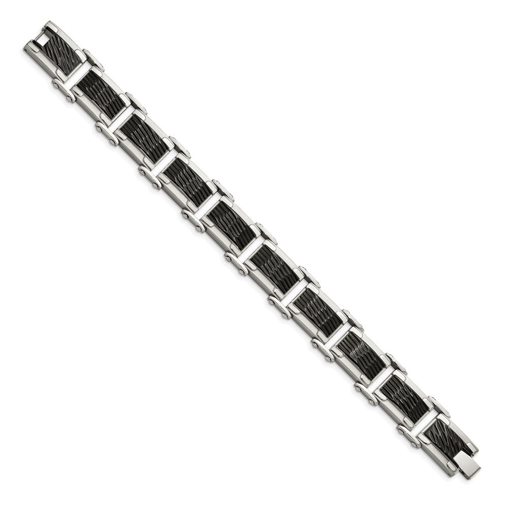Stainless Steel Chisel Polished And Textured Black-Plated 9 Inch Link Bracelet