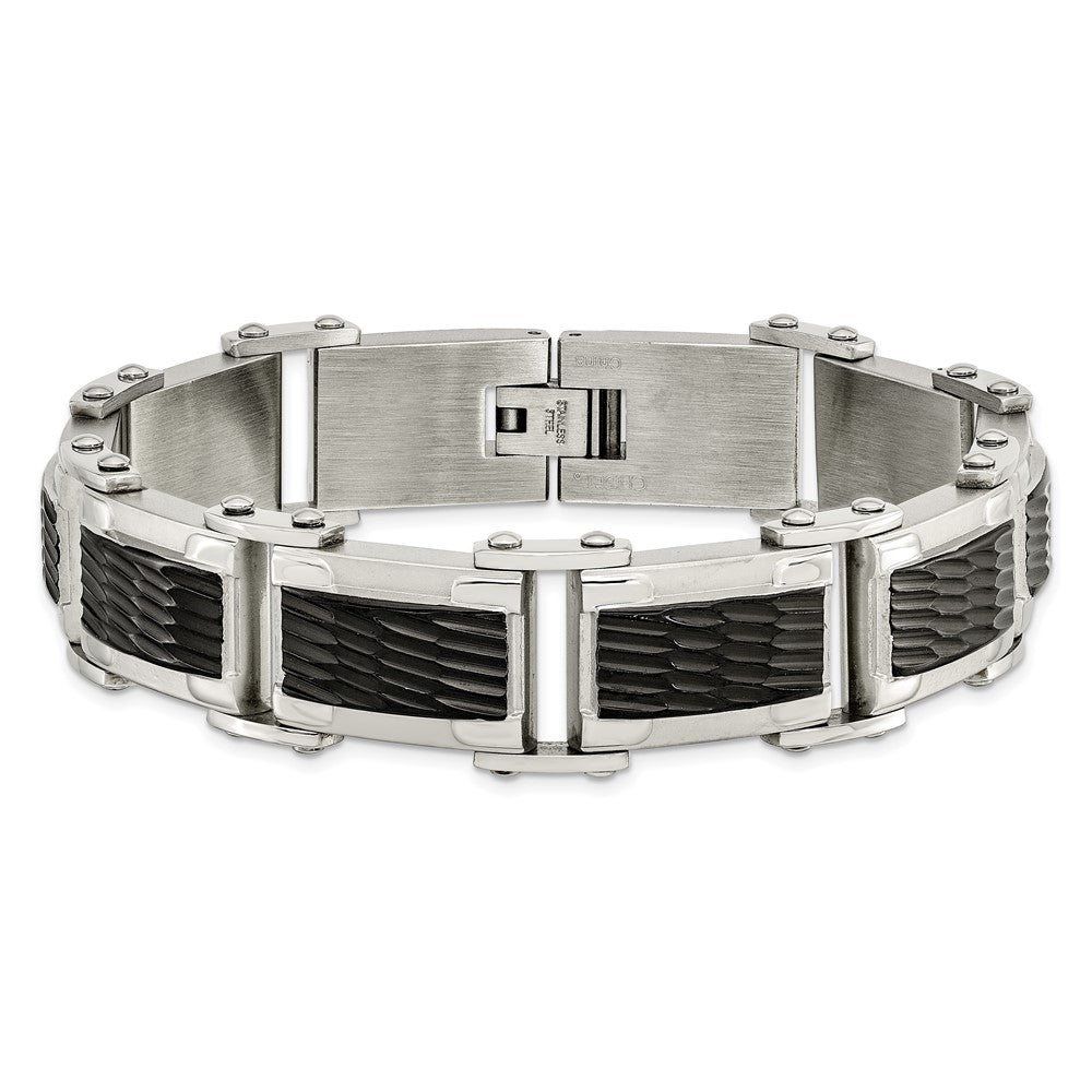 Stainless Steel Chisel Polished And Textured Black-Plated 9 Inch Link Bracelet
