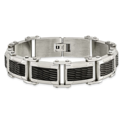 Stainless Steel Chisel Polished And Textured Black-Plated 9 Inch Link Bracelet