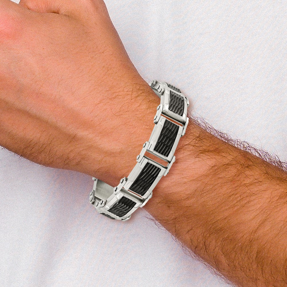 Stainless Steel Chisel Polished And Textured Black-Plated 9 Inch Link Bracelet
