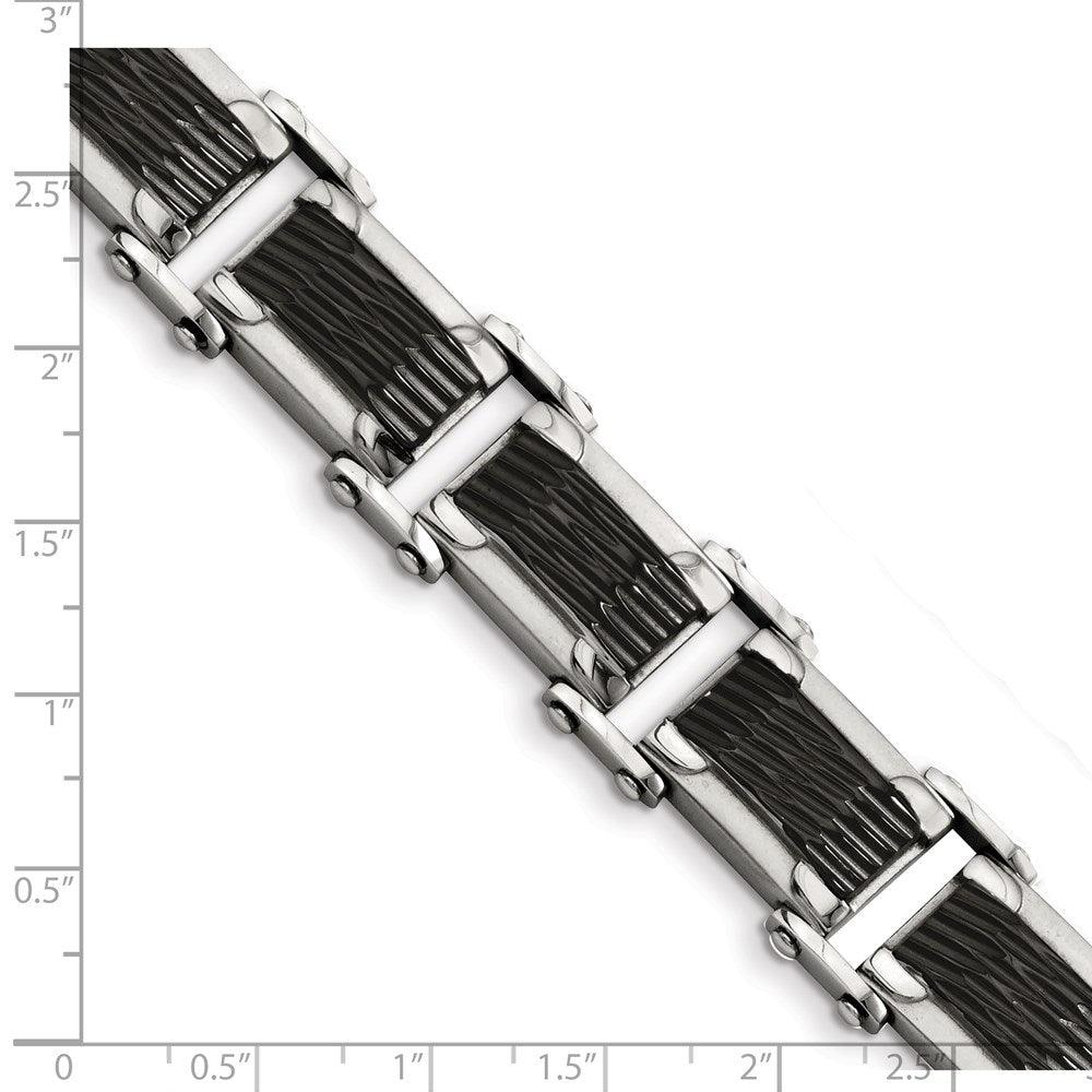 Stainless Steel Chisel Polished And Textured Black-Plated 9 Inch Link Bracelet