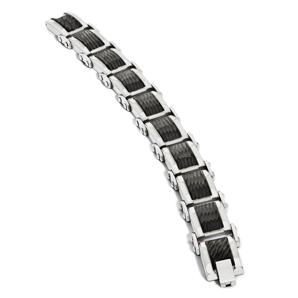Stainless Steel Chisel Polished And Textured Black-Plated 9 Inch Link Bracelet