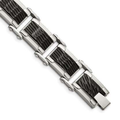 Stainless Steel Chisel Polished And Textured Black-Plated 9 Inch Link Bracelet