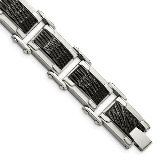 Stainless Steel Chisel Polished And Textured Black-Plated 9 Inch Link Bracelet
