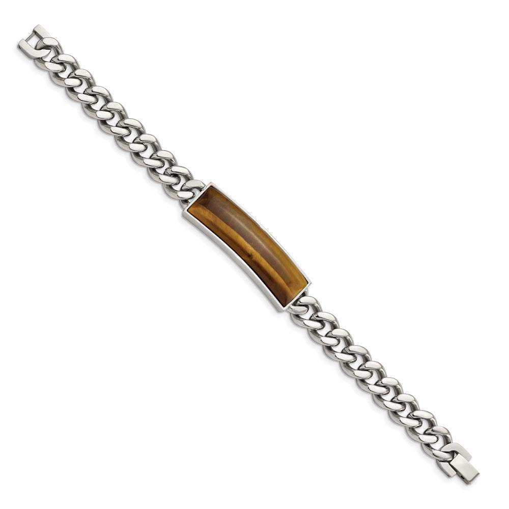 Stainless Steel Chisel Polished With Tiger'S Eye Inlay 8.25 Inch Id Bracelet