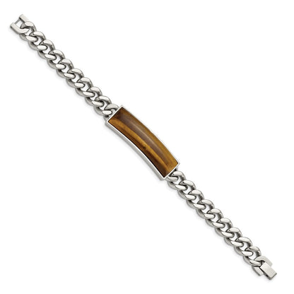 Stainless Steel Chisel Polished With Tiger'S Eye Inlay 8.25 Inch Id Bracelet