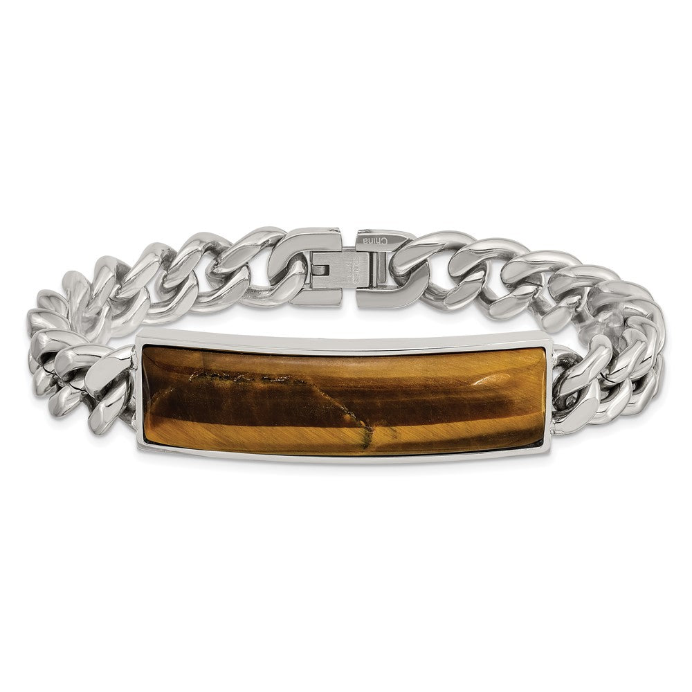 Stainless Steel Chisel Polished With Tiger'S Eye Inlay 8.25 Inch Id Bracelet