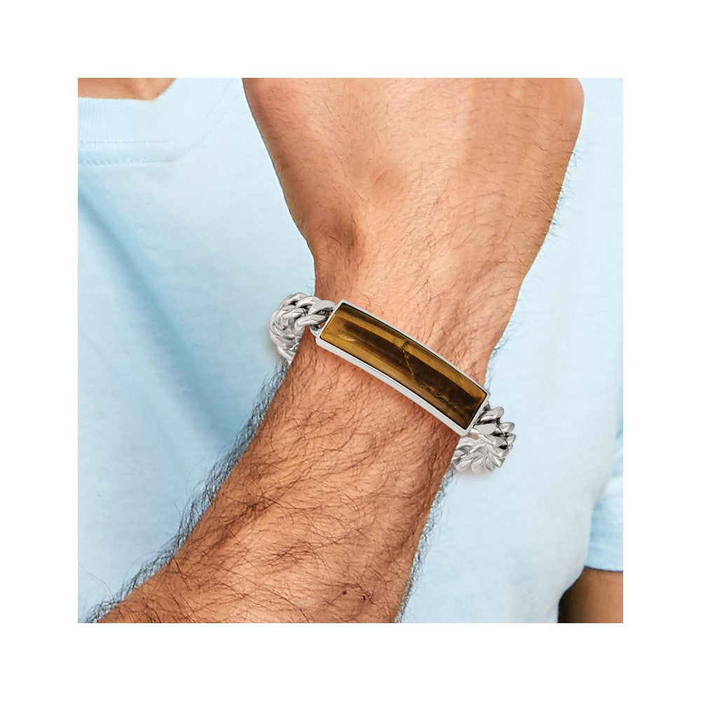 Stainless Steel Chisel Polished With Tiger'S Eye Inlay 8.25 Inch Id Bracelet