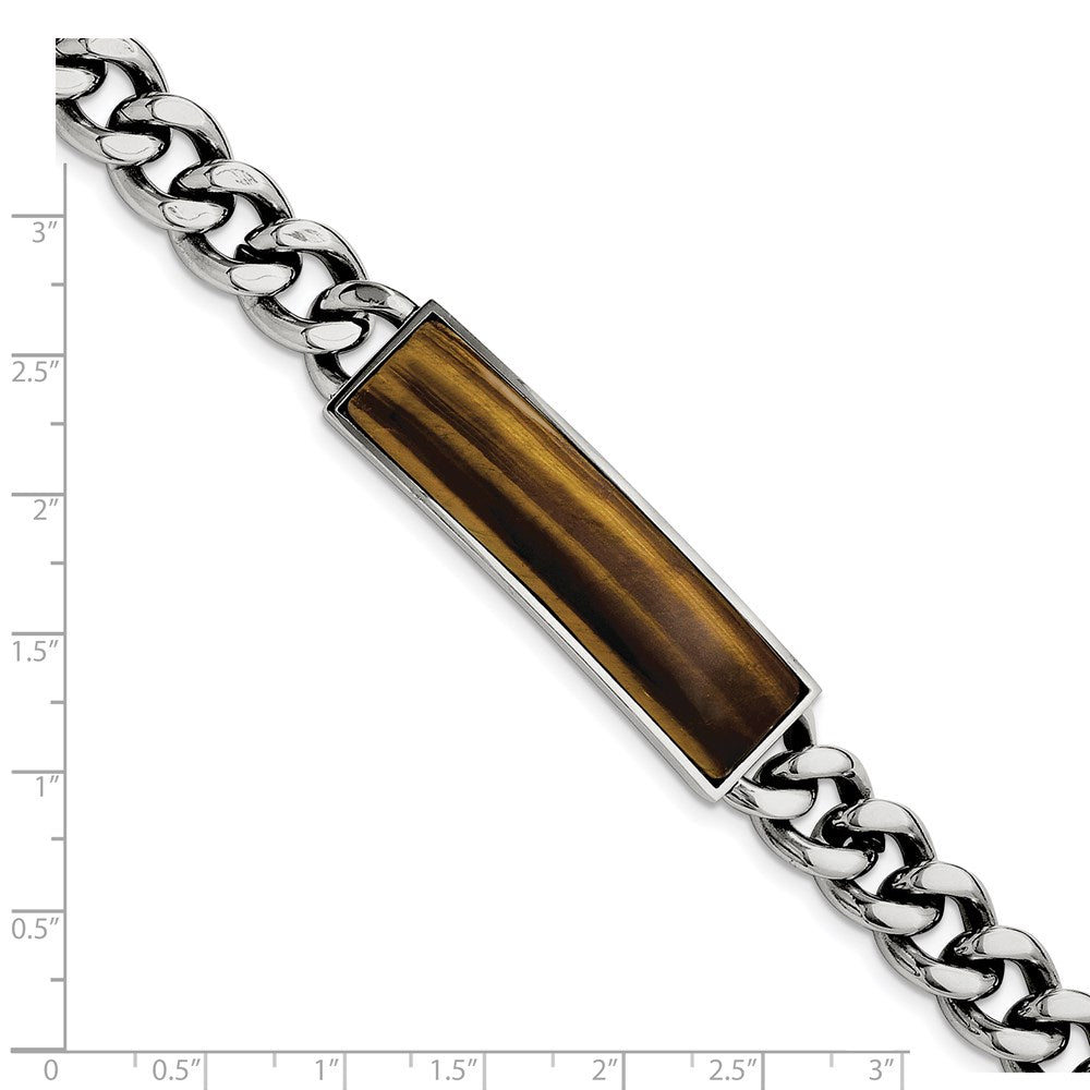 Stainless Steel Chisel Polished With Tiger'S Eye Inlay 8.25 Inch Id Bracelet