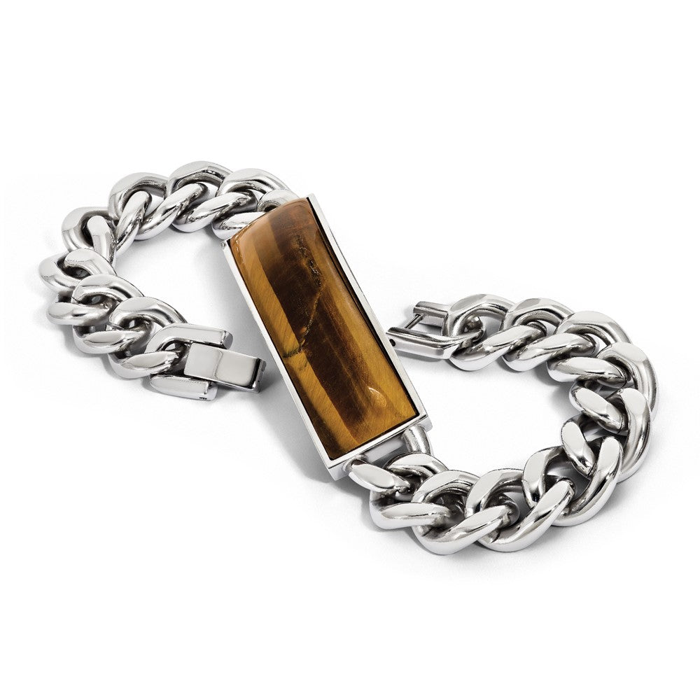 Stainless Steel Chisel Polished With Tiger'S Eye Inlay 8.25 Inch Id Bracelet