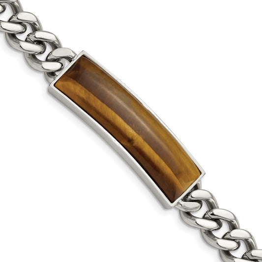 Stainless Steel Chisel Polished With Tiger'S Eye Inlay 8.25 Inch Id Bracelet