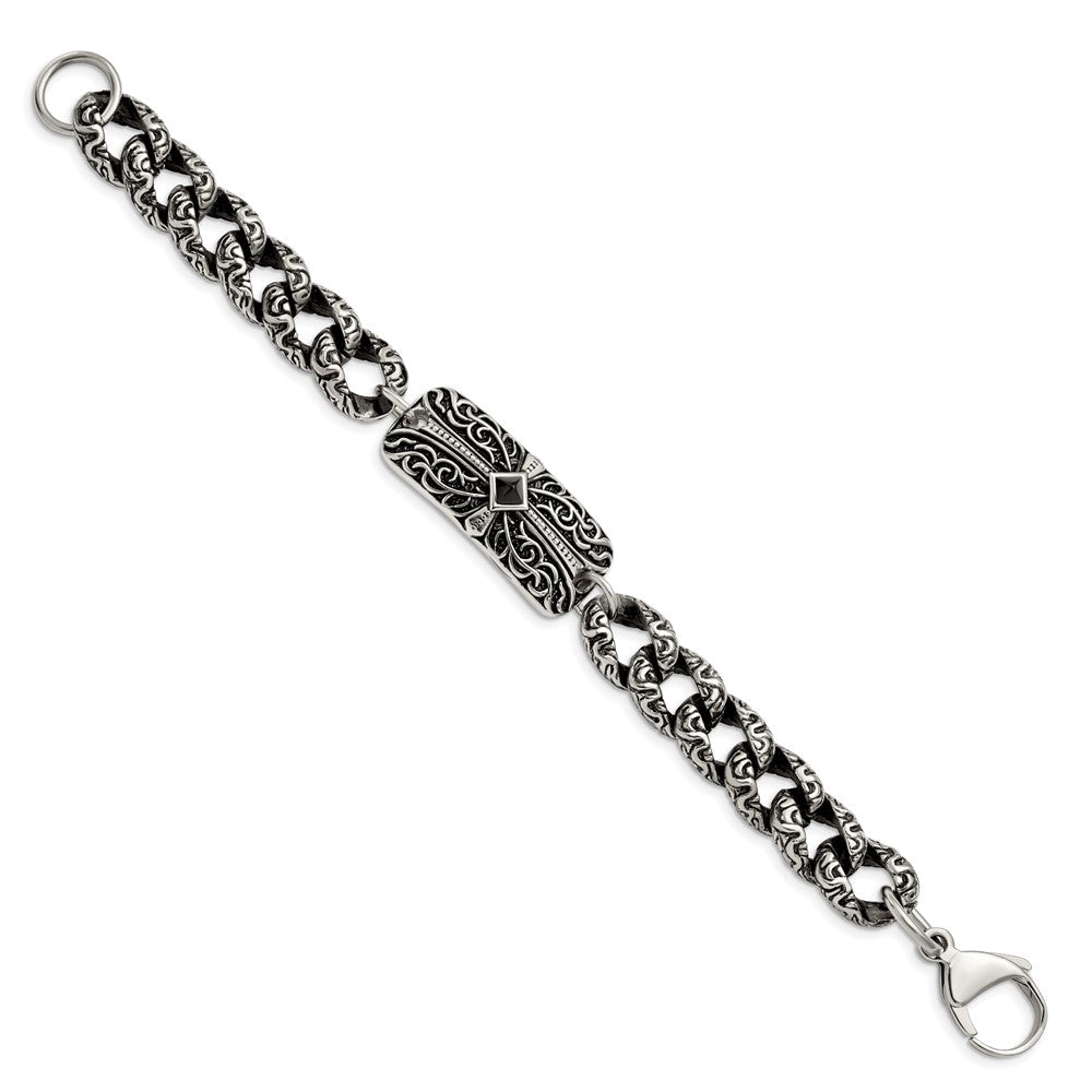 Stainless Steel Chisel Antiqued And Polished With Black Agate 9 Inch Fancy Link Cross Bracelet