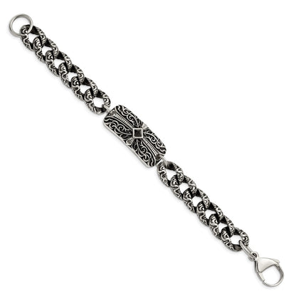Stainless Steel Chisel Antiqued And Polished With Black Agate 9 Inch Fancy Link Cross Bracelet
