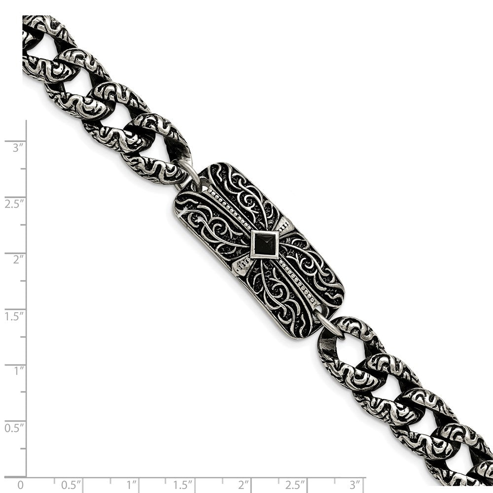 Stainless Steel Chisel Antiqued And Polished With Black Agate 9 Inch Fancy Link Cross Bracelet