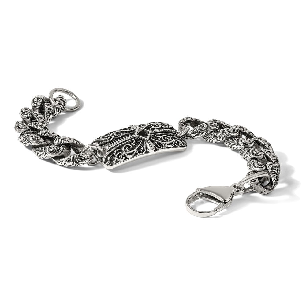 Stainless Steel Chisel Antiqued And Polished With Black Agate 9 Inch Fancy Link Cross Bracelet