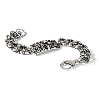 Stainless Steel Chisel Antiqued And Polished With Black Agate 9 Inch Fancy Link Cross Bracelet