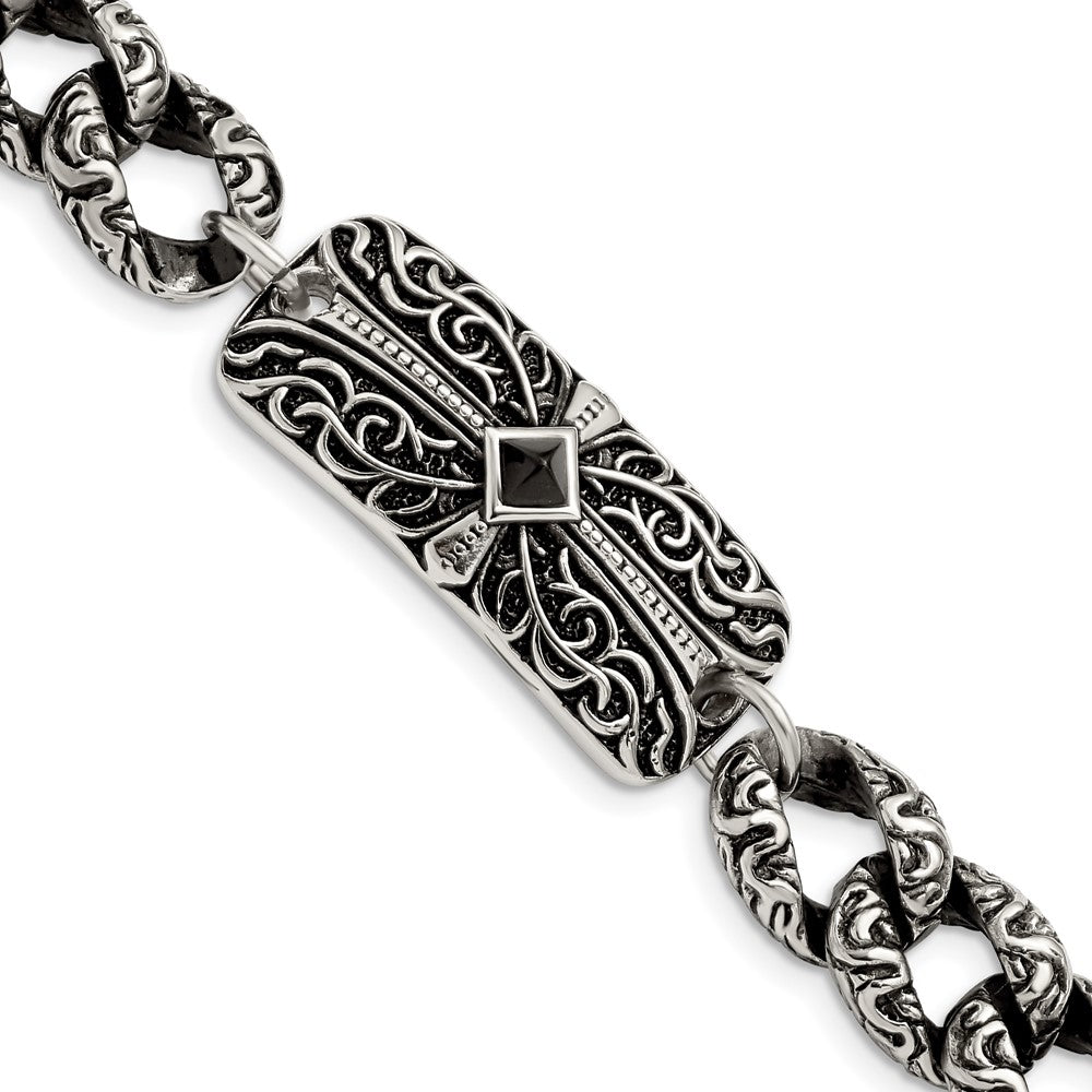 Stainless Steel Chisel Antiqued And Polished With Black Agate 9 Inch Fancy Link Cross Bracelet