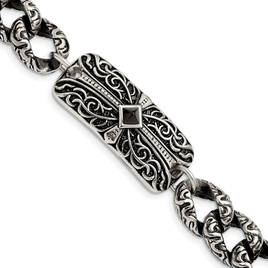Stainless Steel Chisel Antiqued And Polished With Black Agate 9 Inch Fancy Link Cross Bracelet