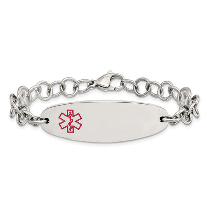 Stainless Steel Chisel Polished With Red Enamel Medical Id 7.25 Inch Open Link Bracelet
