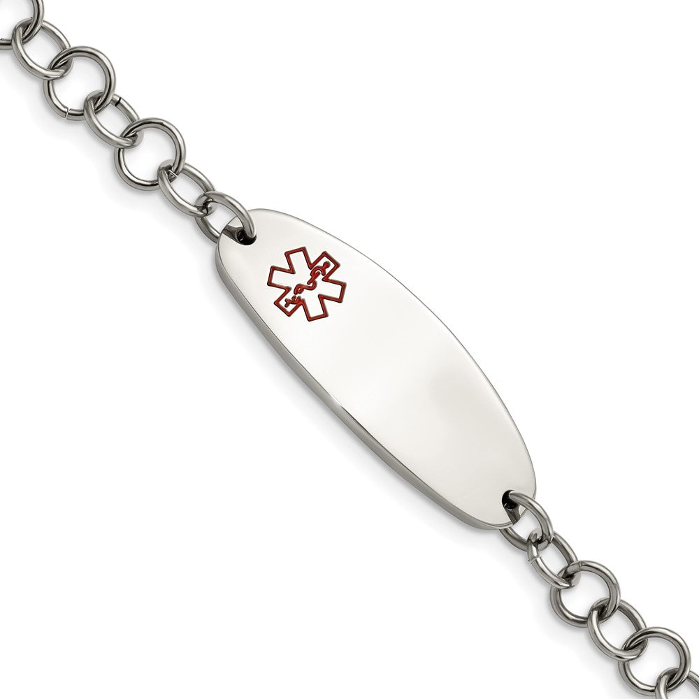 Stainless Steel Chisel Polished With Red Enamel Medical Id 7.25 Inch Open Link Bracelet