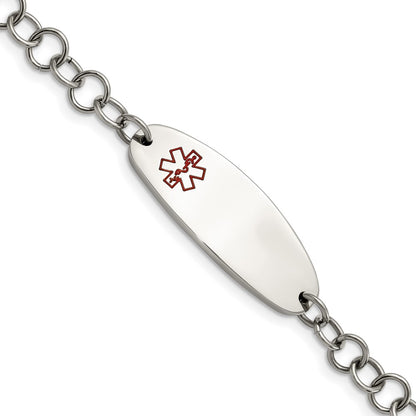 Stainless Steel Chisel Polished With Red Enamel Medical Id 7.25 Inch Open Link Bracelet
