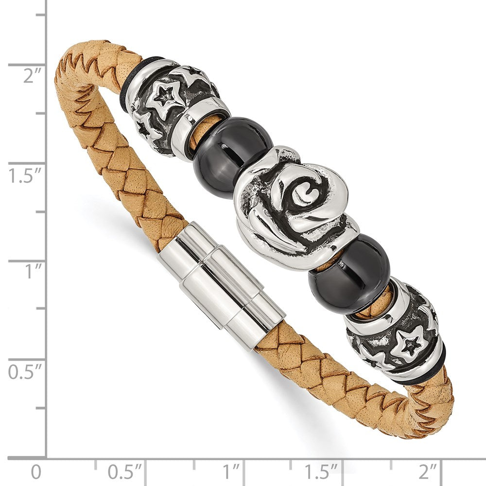 7.5 Inch Stainless Steel Brushed & Polished Black Ip Beads Leather 7.5In Bracelet