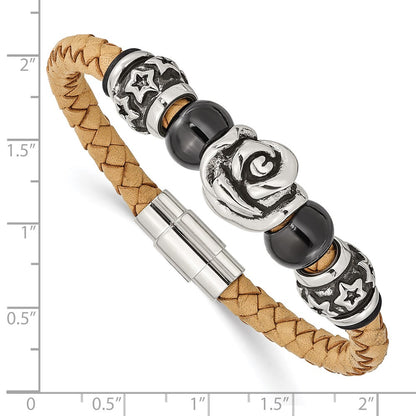 7.5 Inch Stainless Steel Brushed & Polished Black Ip Beads Leather 7.5In Bracelet