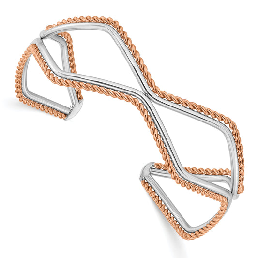 Stainless Steel Polished And Textured Rose Ip-Plated Cuff Bangle