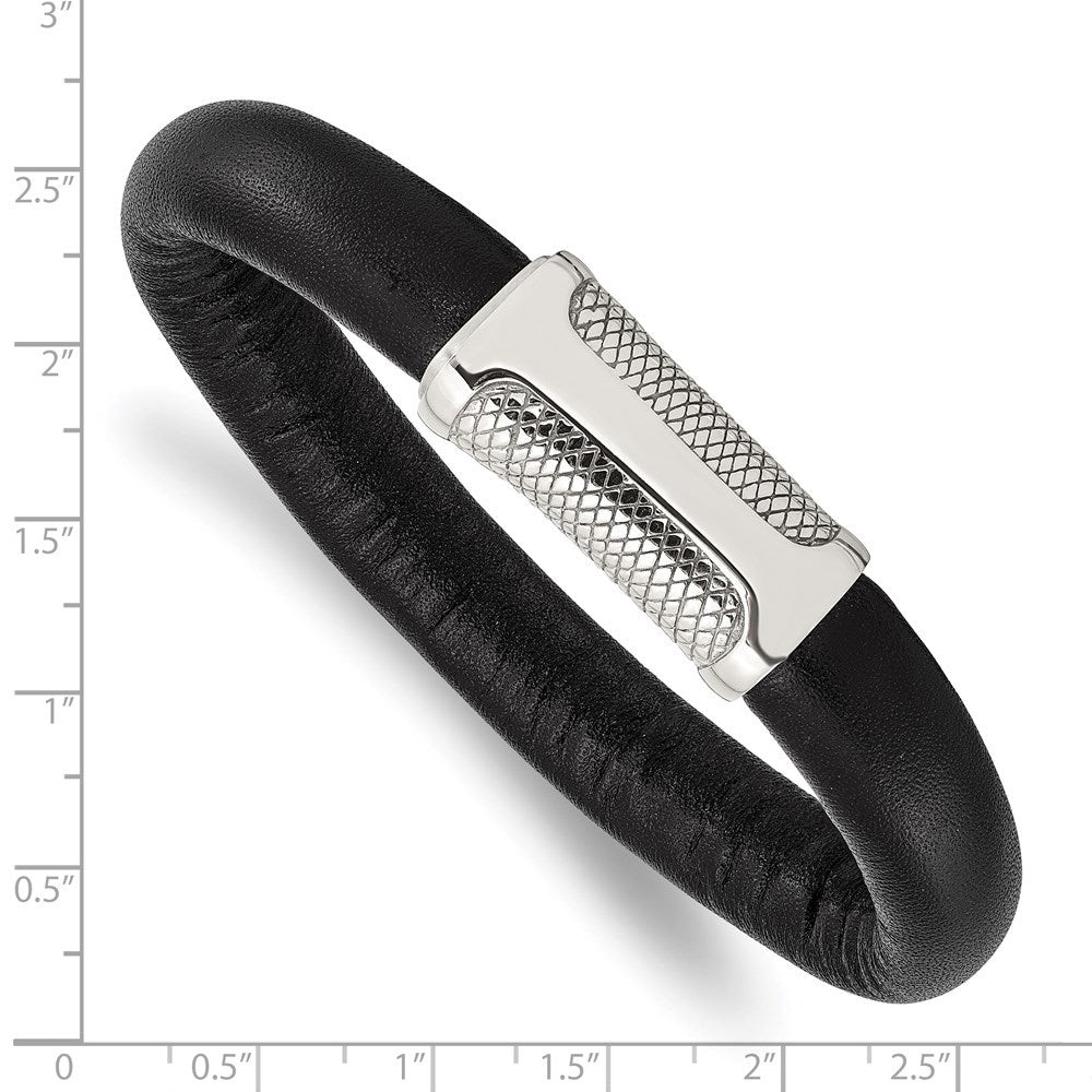 8.5 Inch Stainless Steel Polished And Textured Black Leather 8.5In Bracelet