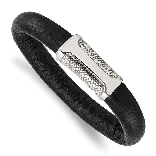 8.5 Inch Stainless Steel Polished And Textured Black Leather 8.5In Bracelet