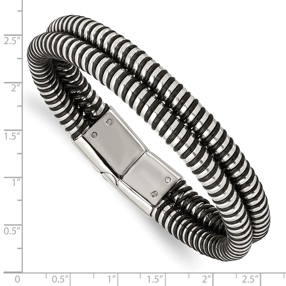 8.5 Inch Stainless Steel Polished & Black Leather 8.5In Bracelet